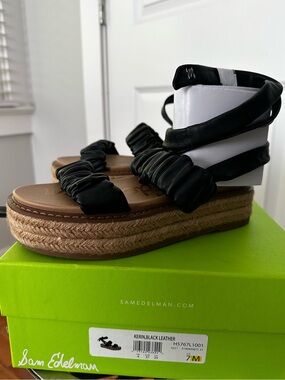 New! Sam Edelman Kerin Black Leather Espadrille Platform Sandals